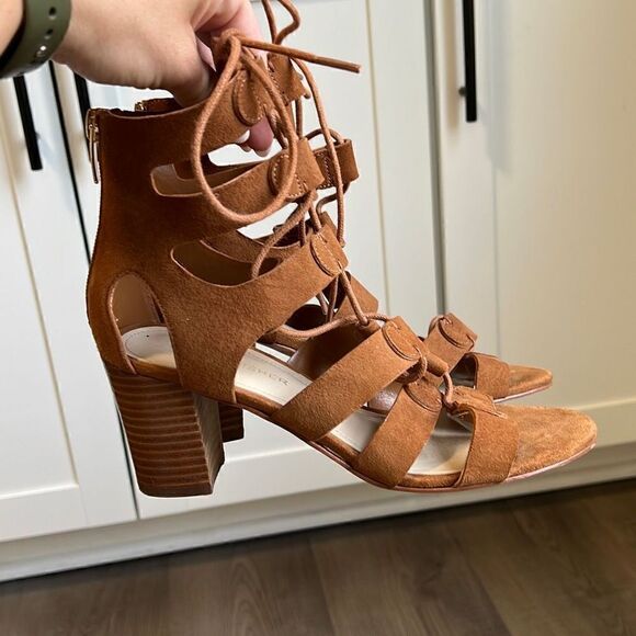 Marc Fisher Suede Lace-up Block Heel Sandals: Paradox Cognac Size 6 - Picture 9 of 11
